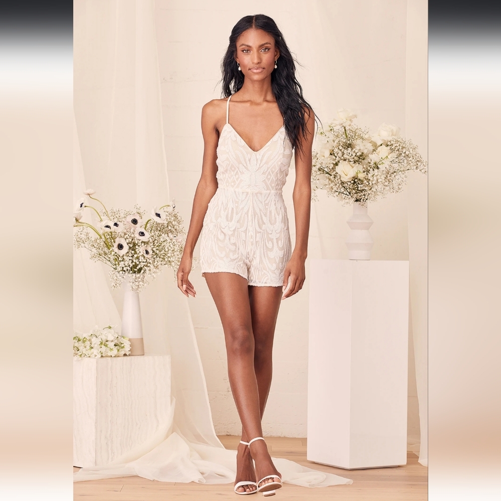 Lulu's | Catch a Spark White & Beige Sequin Romper | XL | Bridal | Bachelorette